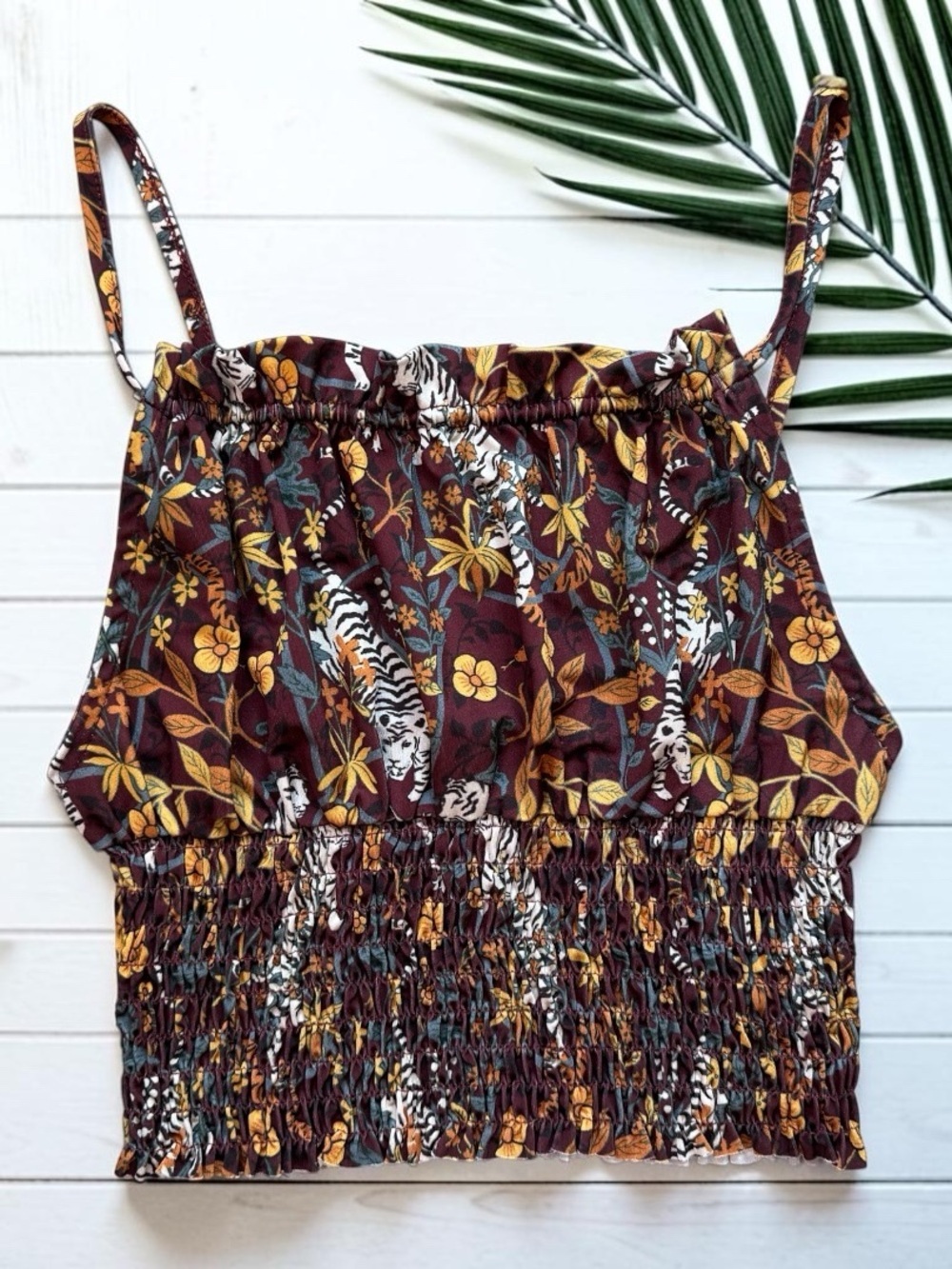Urban Outfitters Tiger Floral Smocked Crop Top Cami Burgundy Adjustable Straps
